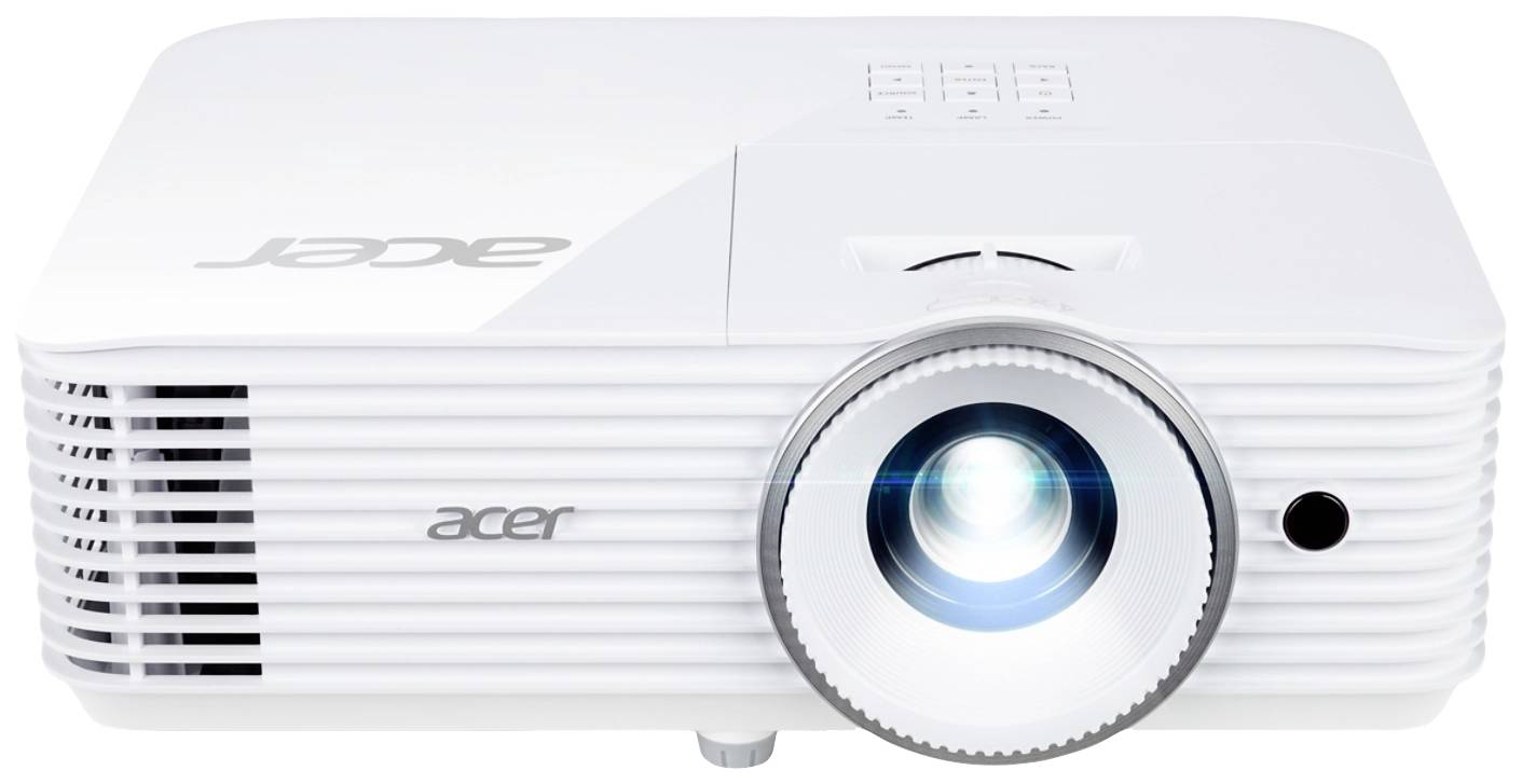 Ein weißer Acer-Projektor mit eingeschaltetem Lichtstrahl auf einer hellen Oberfläche, von vorn gesehen.