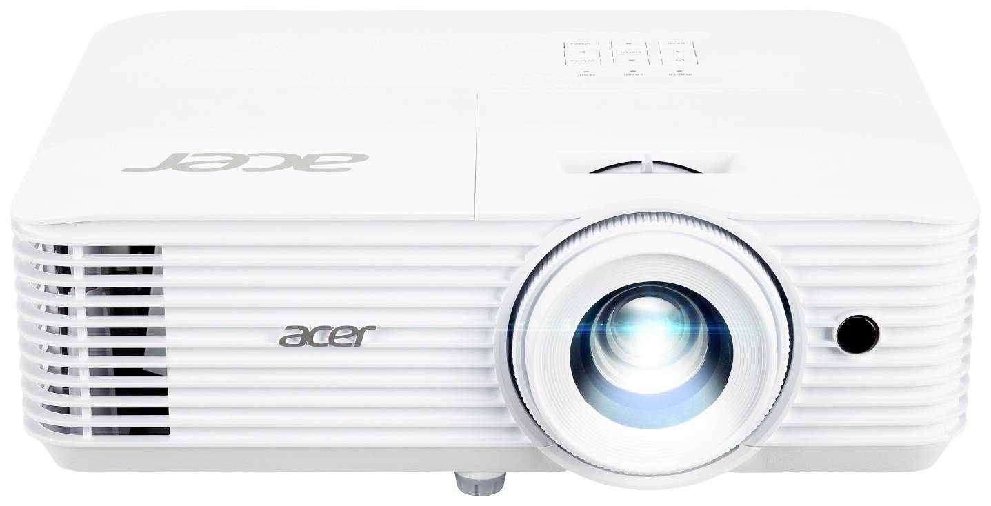 Weißer Projektor von Acer mit leuchtender Linse auf weißem Hintergrund, eignet sich für Präsentationen und Heimkino.