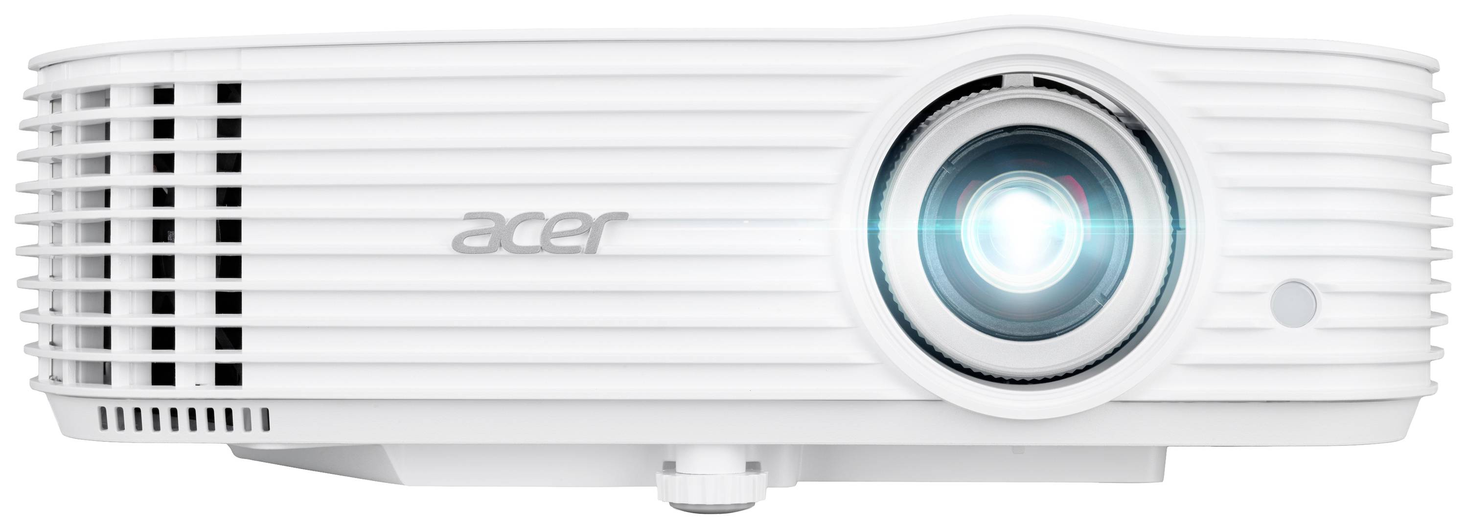Ein weißer Projektor mit leuchtendem Objektiv, Herstellername 'acer' auf der Vorderseite.