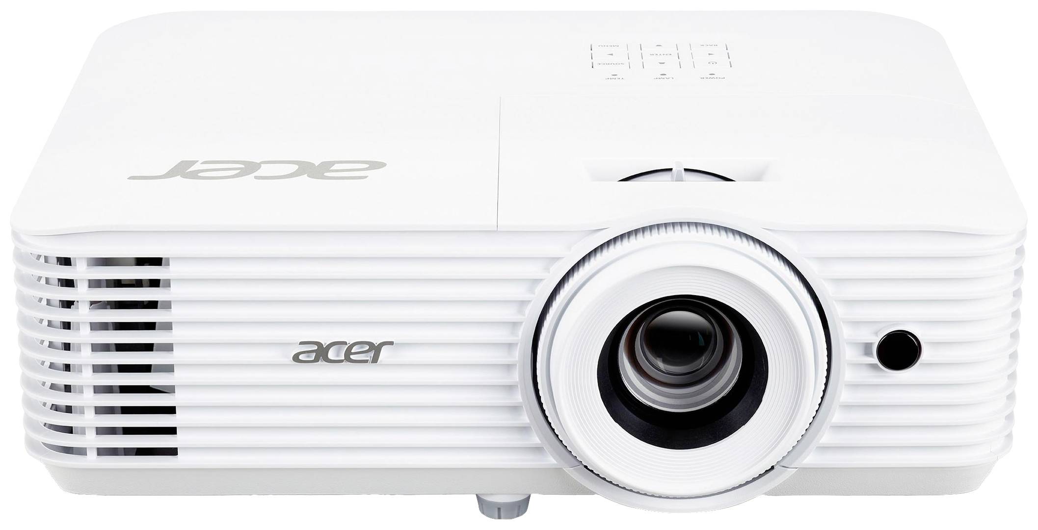 Ein weißer Projektor mit der Marke Acer, frontale Ansicht.
