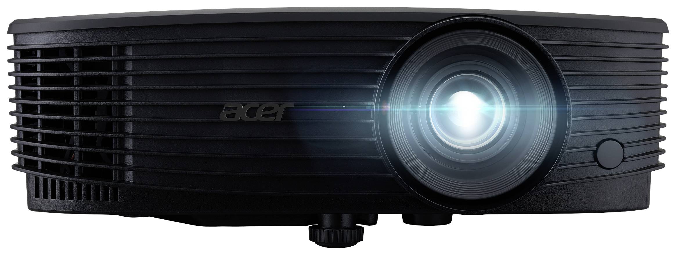 Ein schwarzer Projektor mit leuchtendem Objektiv zeigt seine Vorderansicht.