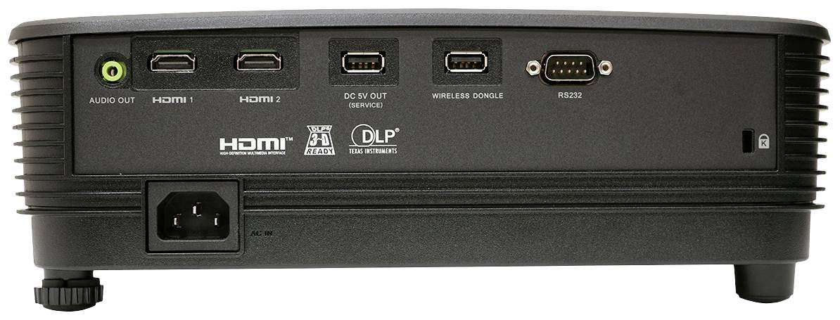 Rückseite eines elektronischen Geräts mit mehreren Anschlüssen: Audio-Out, HDMI 1 und 2, USB-Service, Wireless-Konsole, RS232 und Stromanschluss.