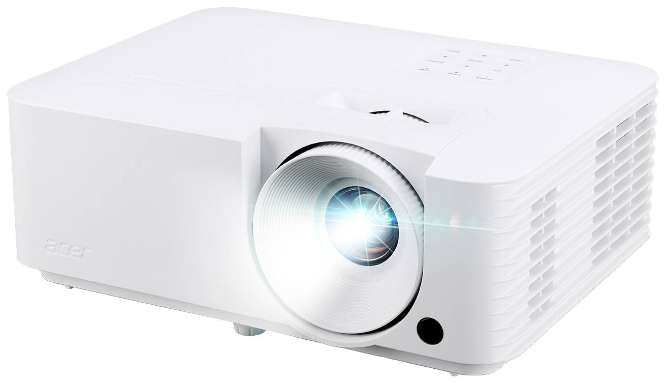 Weißer Projektor in Betrieb mit sichtbarem Lichtstrahl, geeignet für Präsentationen oder Heimkino.