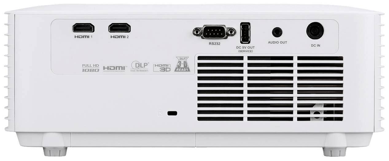 Rückansicht eines Beamers mit HDMI-, RS232-, Audioausgangs- und DC-IN-Anschlüssen sowie Lüftungsschlitzen.
