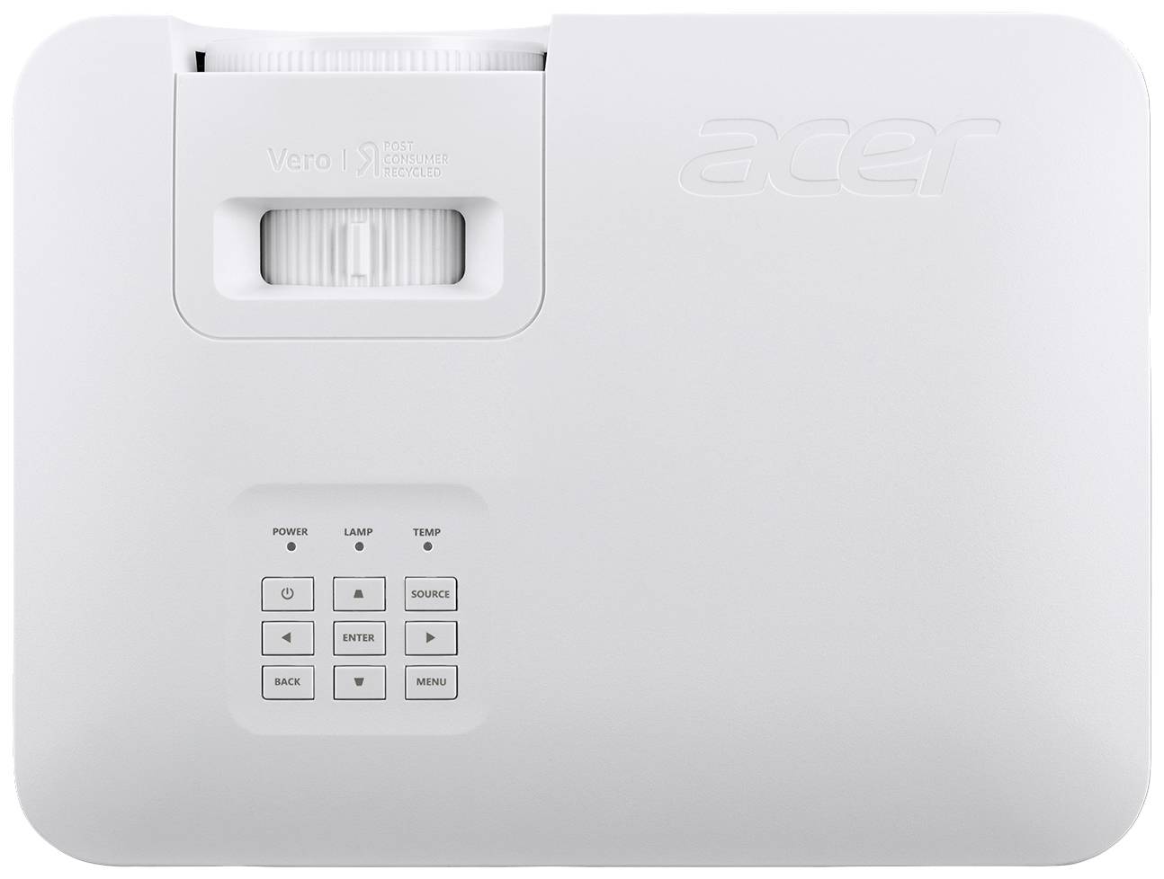 Ein weißer Projektor mit Steuerungstasten, einschließlich Ein-/Ausschalter, Quelle, Menü, zurück und Pfeiltasten. Markiert mit 'Acer'.
