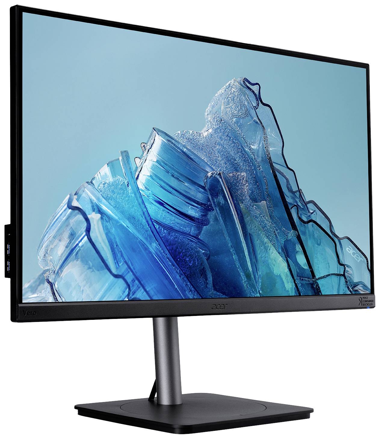 Ein Flachbildmonitor mit schwarzem Rahmen zeigt ein Bild von blauem Eis vor blauem Himmel. Das Design ist modern und schlank.