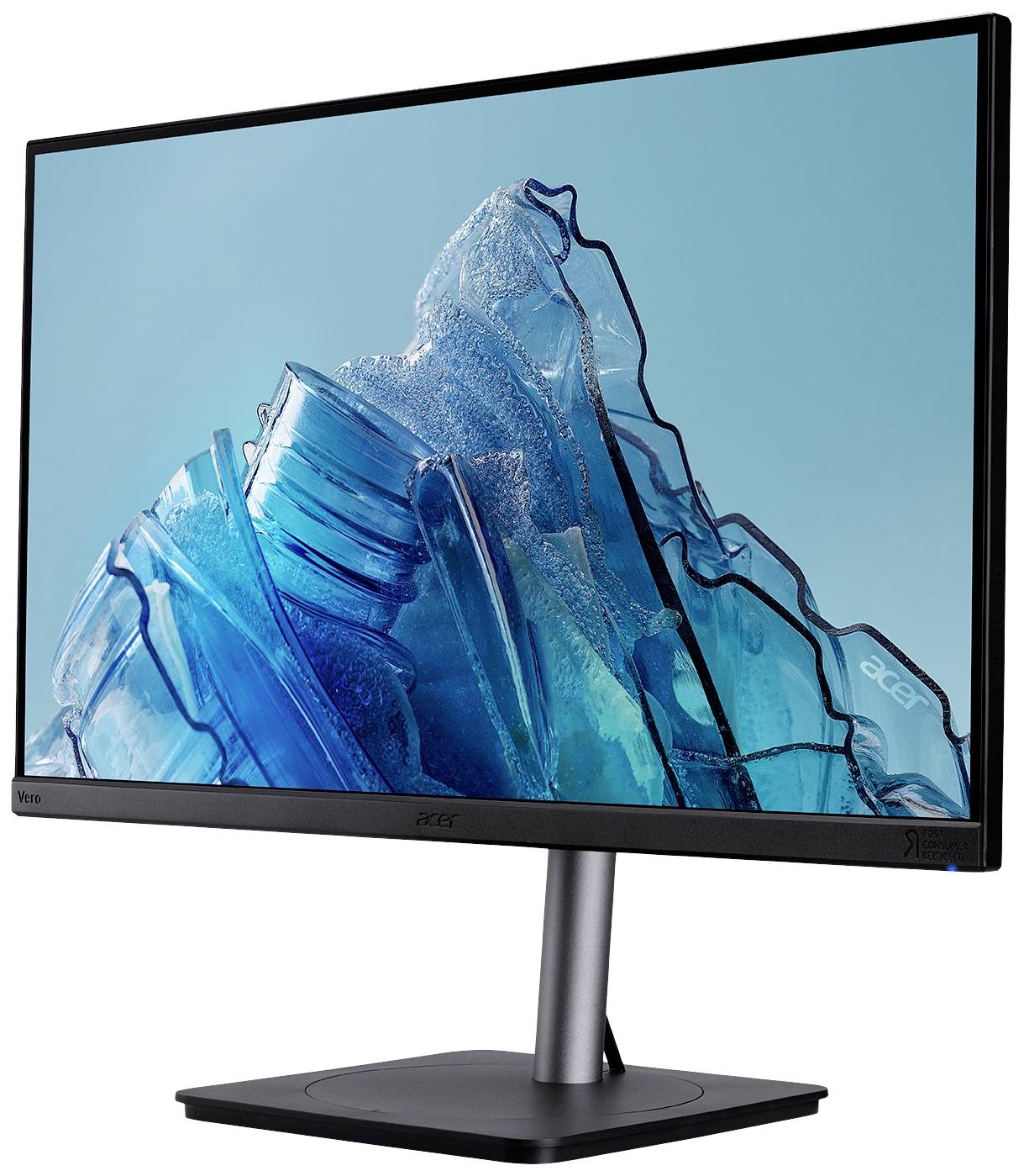 Ein Computermonitor mit einem blauen, eisartigen Hintergrund. Der Bildschirm ist randlos und steht auf einem schlichten schwarzen Ständer.