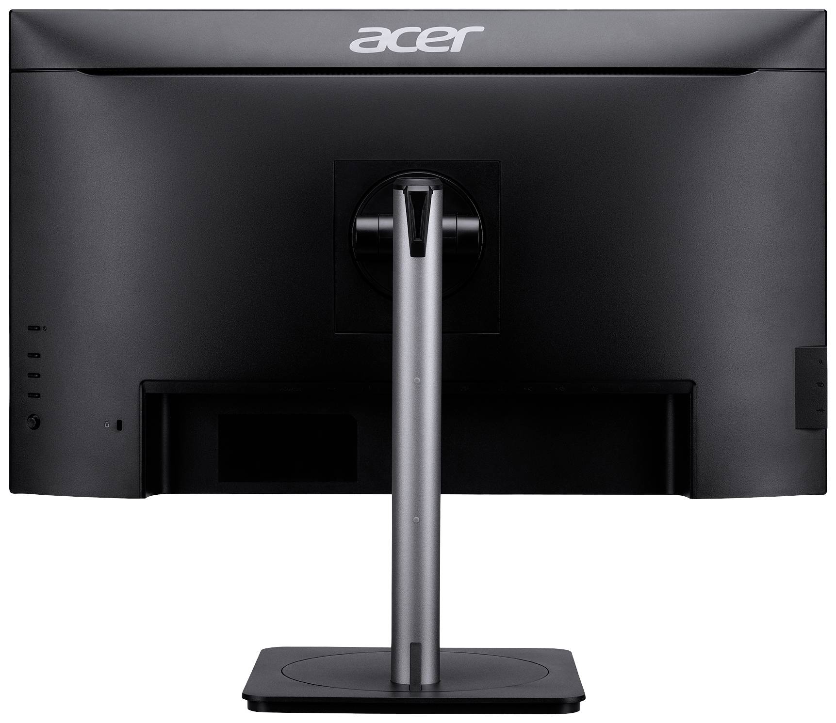 Ein schwarzer Acer-Monitor ist von hinten zu sehen. Beachtung auf dem schlichten Design mit rechteckigem Standfuß.