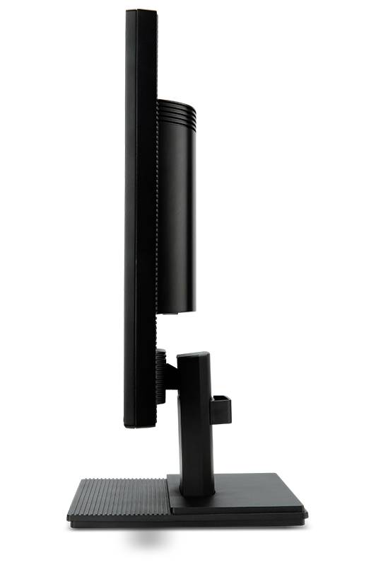 Seitenansicht eines Computerbildschirms mit schlankem Design und rechteckigem Standfuß. Der Bildschirm ist abgeschaltet.