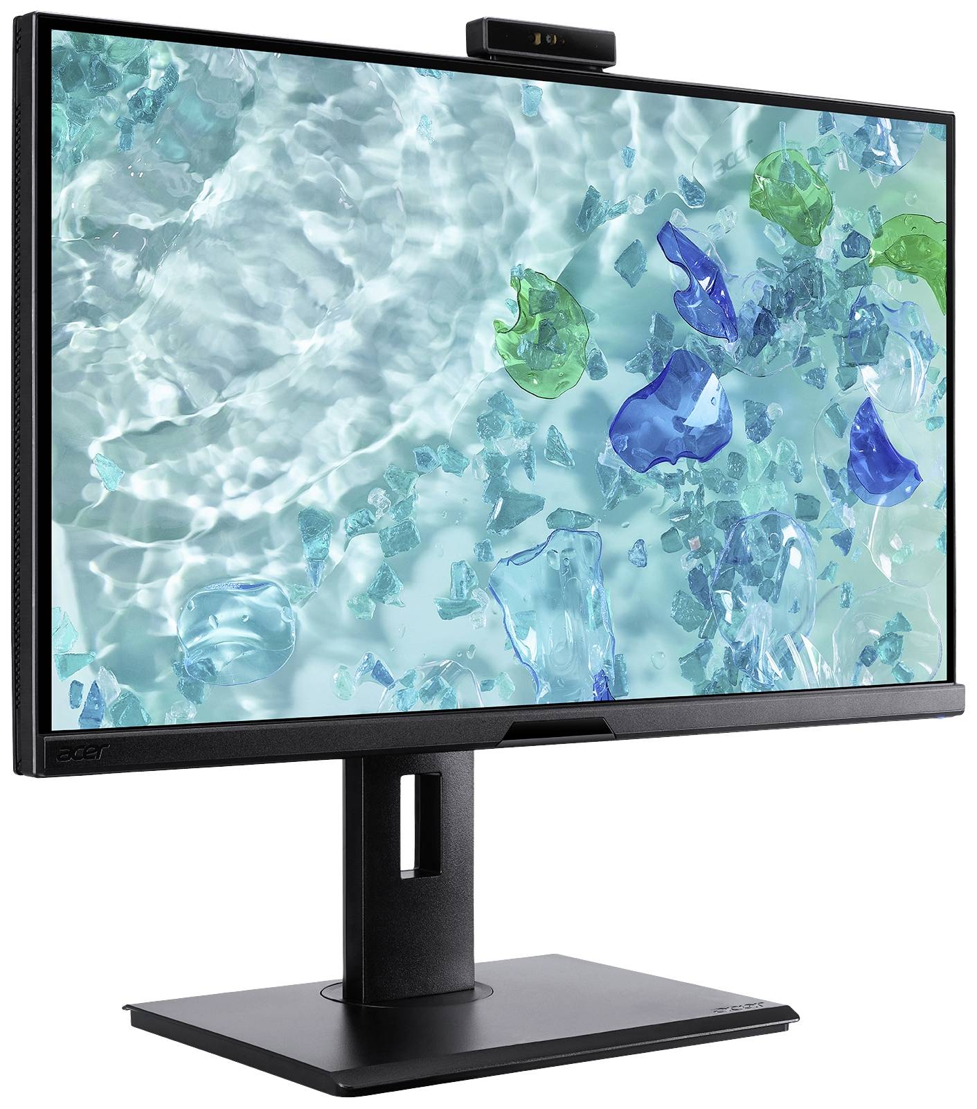 Ein Monitor mit einem Bild von bunten Glasstücken auf Wasser. Der Bildschirm hat eine schwarze Umrandung und steht auf einem schwarzen Standfuß.