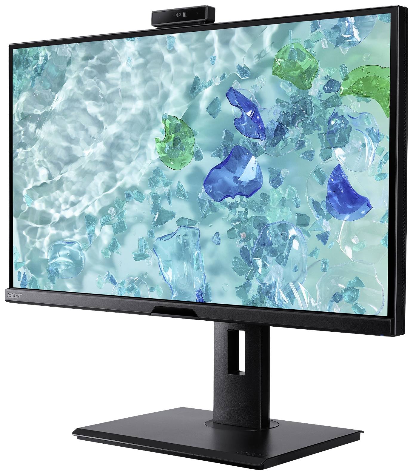 Ein Computerbildschirm mit integriertem Slider über einem Standfuß. Auf dem Display ein Hintergrund mit blauen und grünen Glasmustern.