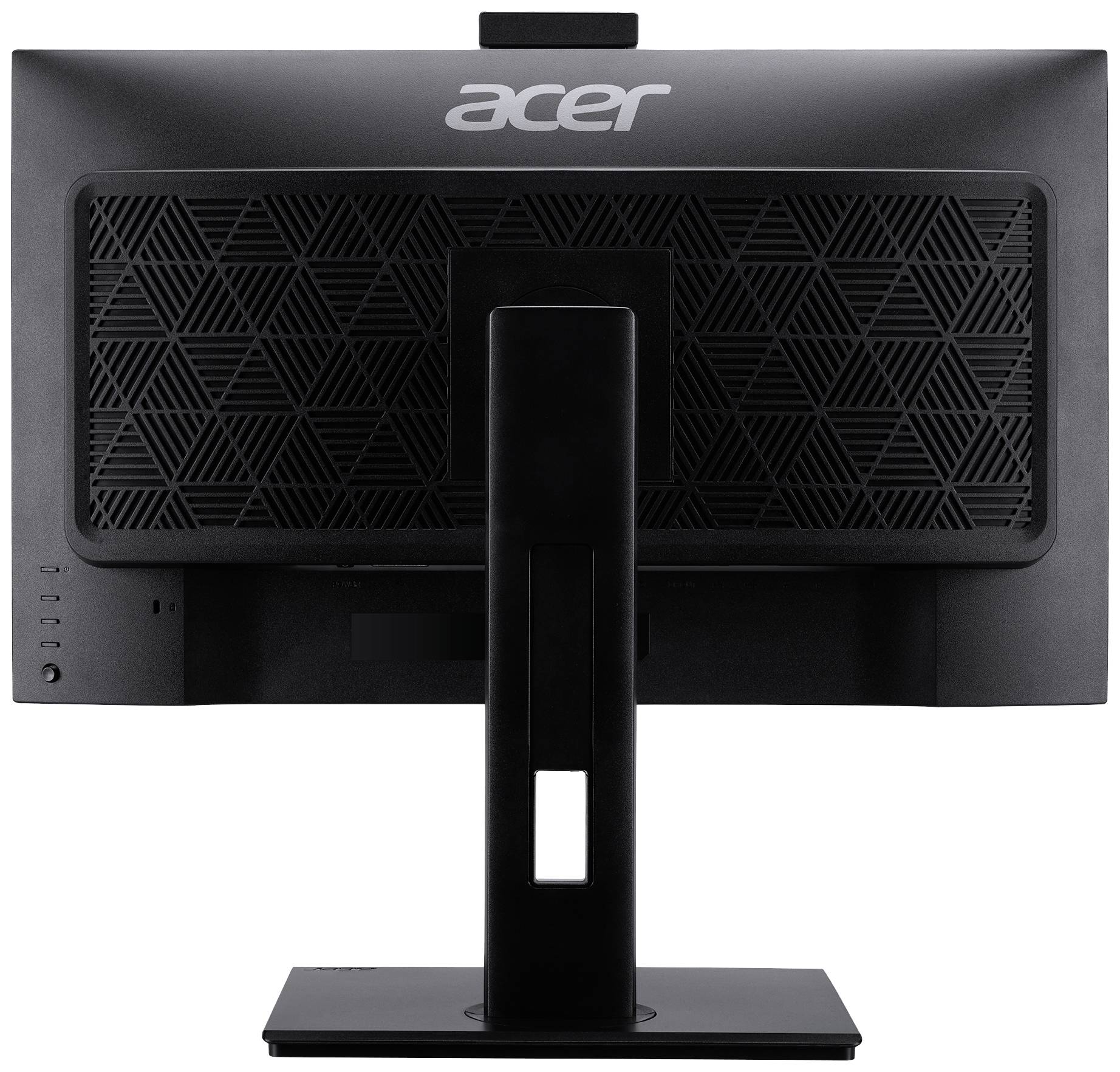 Rückseite eines Acer-Monitors mit rechteckigem Standfuß. Schwarz mit geometrischem Muster im Design.