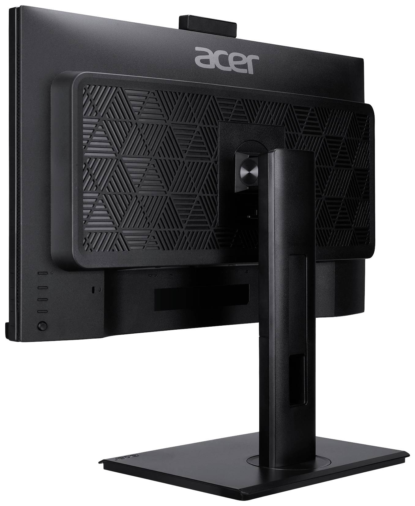 Rückseite eines Acer-Computermonitors mit geometrischem Muster und verstellbarem Standfuß, seitliche Ansicht.