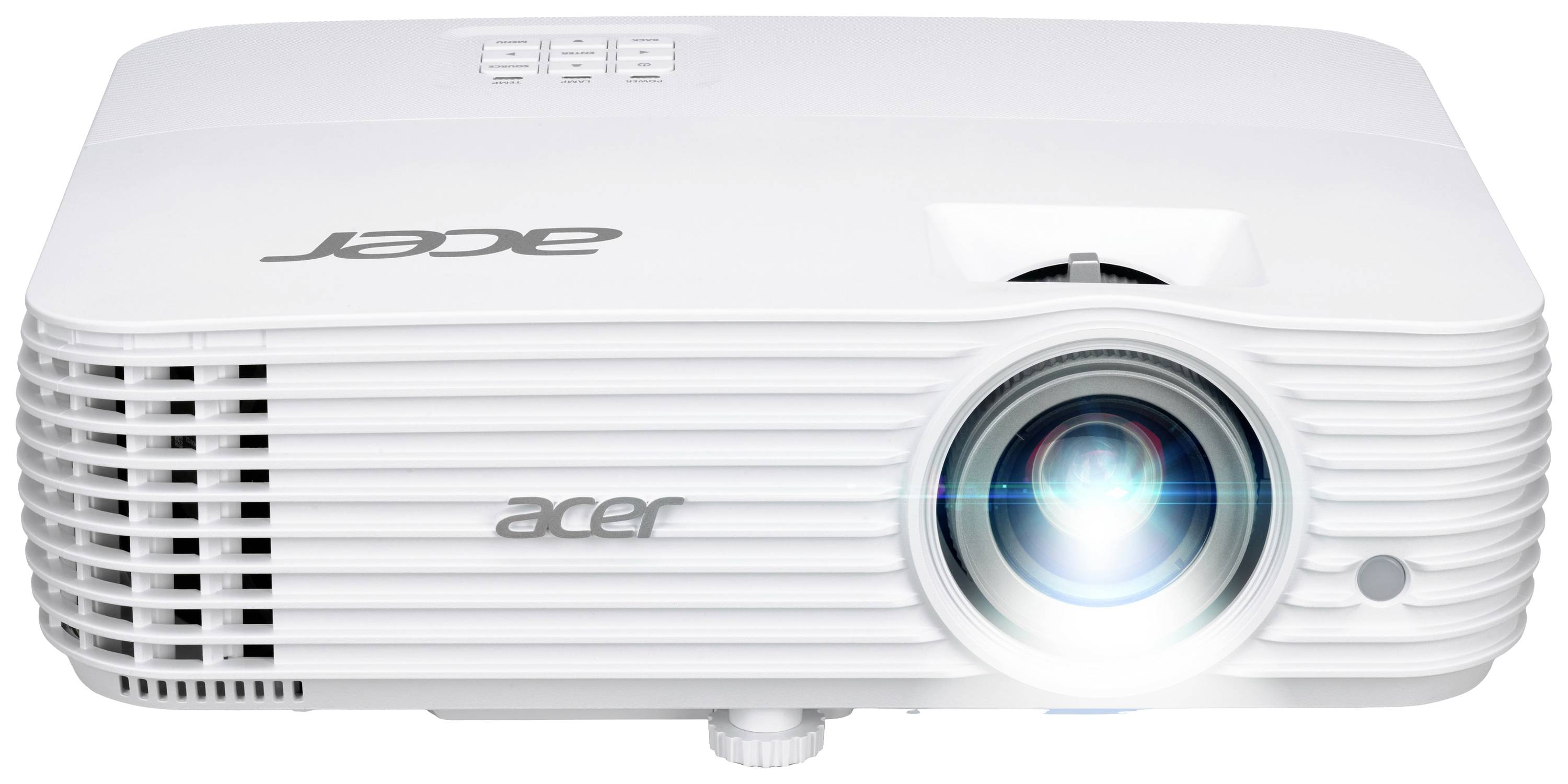 Ein weißer Projektor von Acer mit sichtbarem leuchtenden Objektiv, geeignet für Präsentationen oder Heimkino.