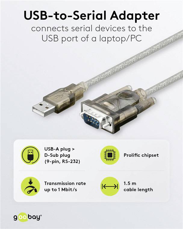 USB-zu-Seriell-Adapter mit USB-A- und D-Sub-Stecker, Prolific-Chipsatz, Übertragungsrate bis 1 Mbit/s, 1,5 m Kabellänge.