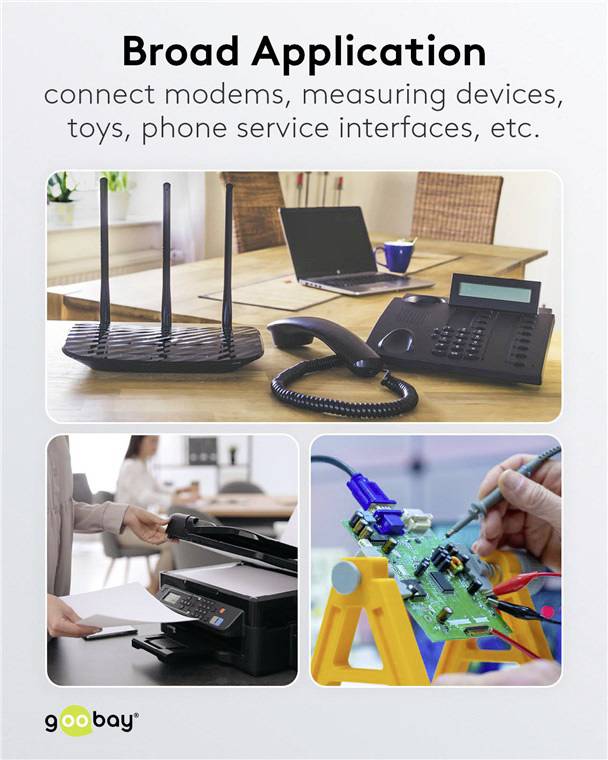 'Vielfältige Anwendung: Verbinden von Modems, Messgeräten, Spielzeug, Telefonanschlüssen usw.' Ein Laptop, Router, Drucker und Schaltkreis werden gezeigt.