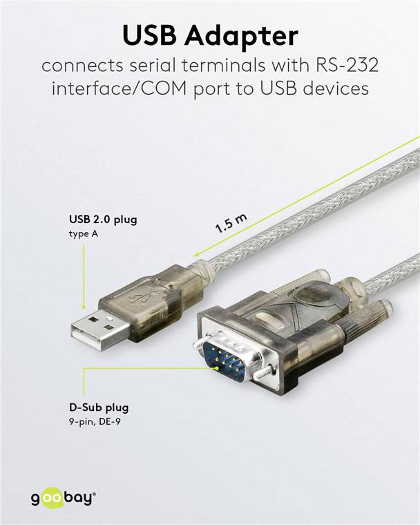 'USB Adapter' verbindet serielle Terminals mit RS-232-Schnittstelle/COM-Port mit USB-Geräten. Zeigt USB-Type-A- und D-Sub-9-Pin-Stecker.