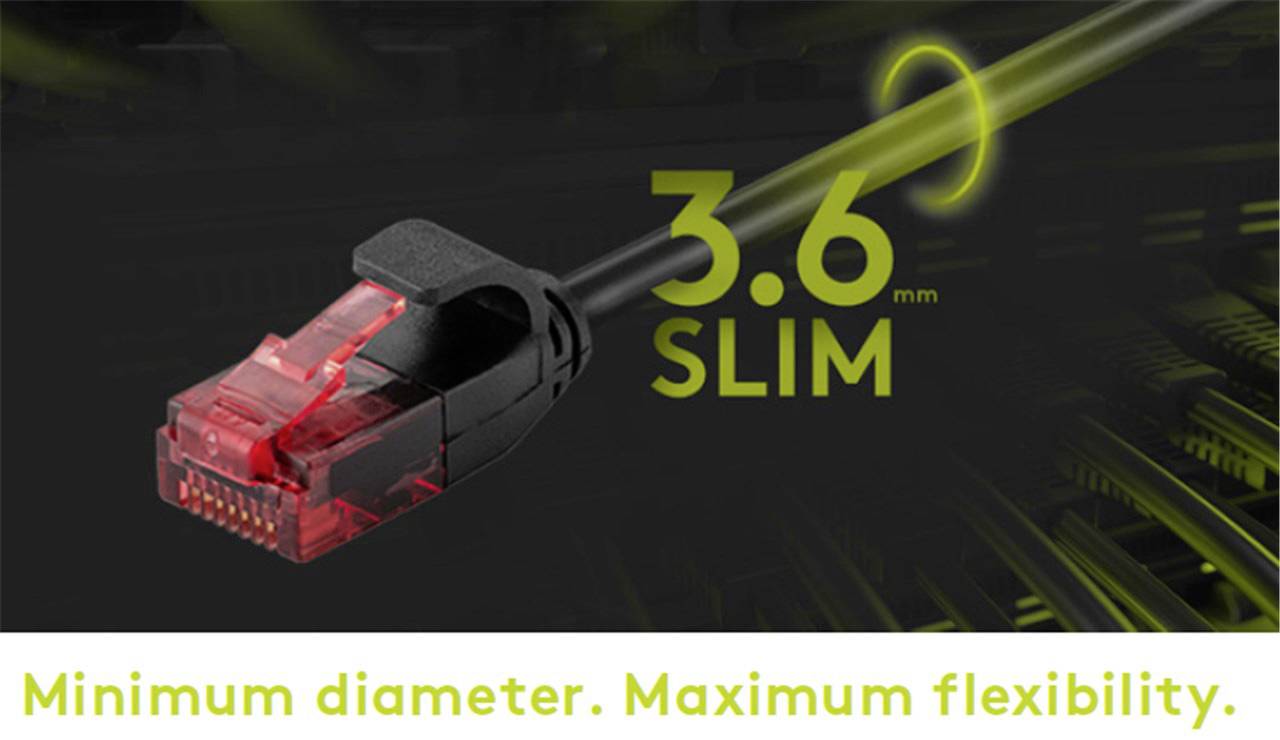 Ein schlanker Netzwerkkabelstecker mit rotem Clip und Beschriftung '3.6 mm SLIM'. Text darunter: 'Minimum diameter. Maximum flexibility.'