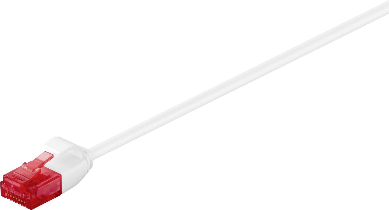 Ein weißes Netzwerkkabel mit rotem Stecker, das zur Verbindung von Geräten in einem Netzwerk verwendet wird.