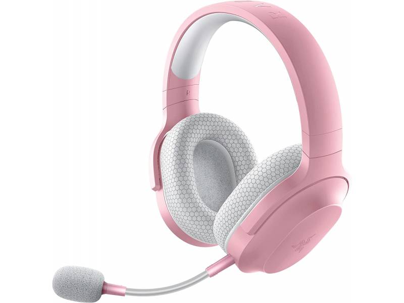 Rosa Over-Ear-Kopfhörer mit flexiblem Mikrofonarm, grau gepolsterten Ohrmuscheln und Kopfband, geeignet für Gaming oder Kommunikation.