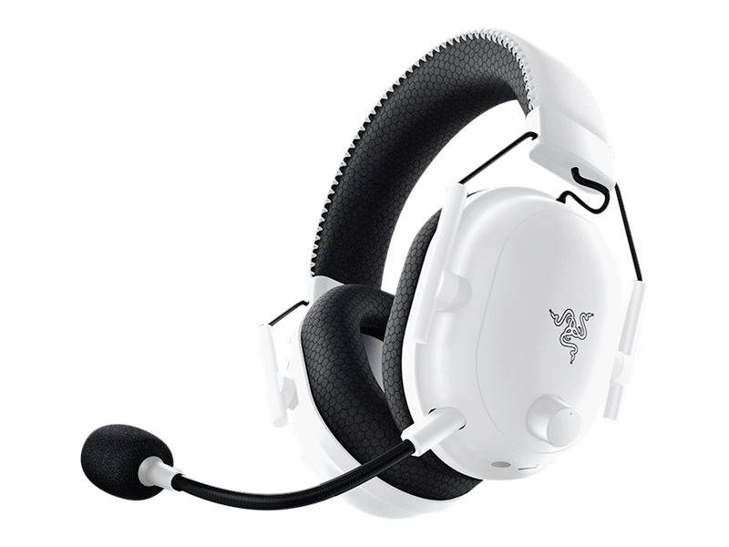 Weißes Gaming-Headset mit Mikrofon und schwarzem Ohrpolster, markiert mit einem stilisierten Schlangensymbol, auf weißem Hintergrund.