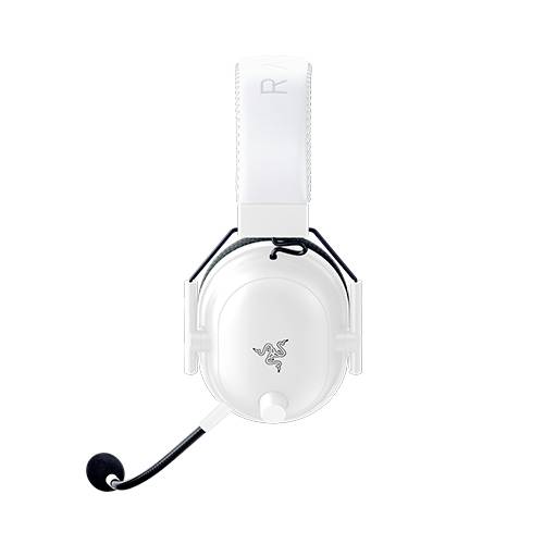 Weißes Gaming-Headset mit Mikrofon, Markenlogo auf der Seite.