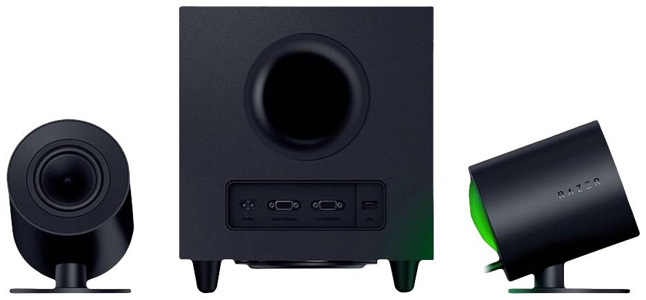 Schwarzes Lautsprechersystem mit Subwoofer und zwei Satellitenlautsprechern. Der Subwoofer hat zwei Anschlüsse auf der Vorderseite.