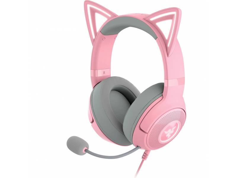 Rosa Kopfhörer mit Mikrofon und katzenartigen Ohrenaufsätzen, geeignet für Gaming oder Musikhören.
