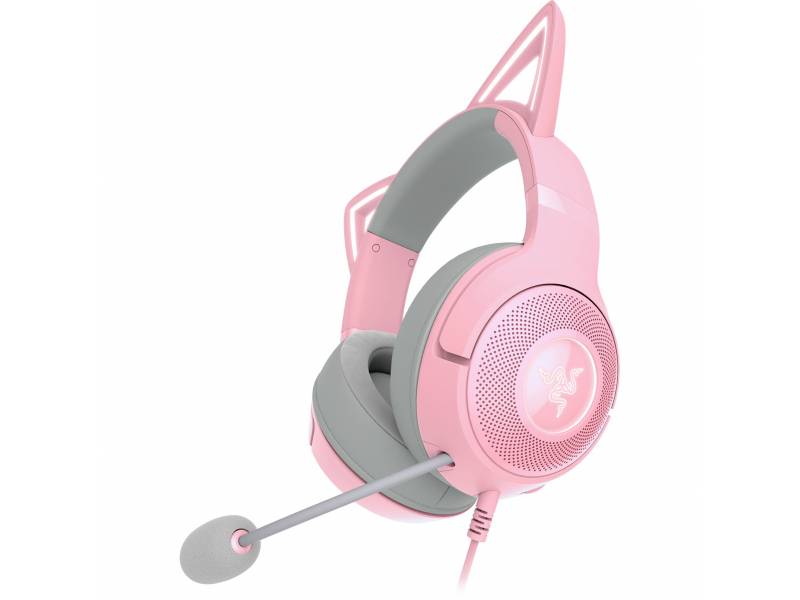 Ein pinkes Gaming-Headset mit Katzenohren und Mikrofon.
