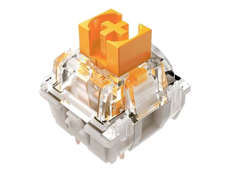 Tastaturschalter mit orangefarbenem Kreuzstempel und transparenter Hülle, zeigt einen Teil eines mechanischen Tastschalters.