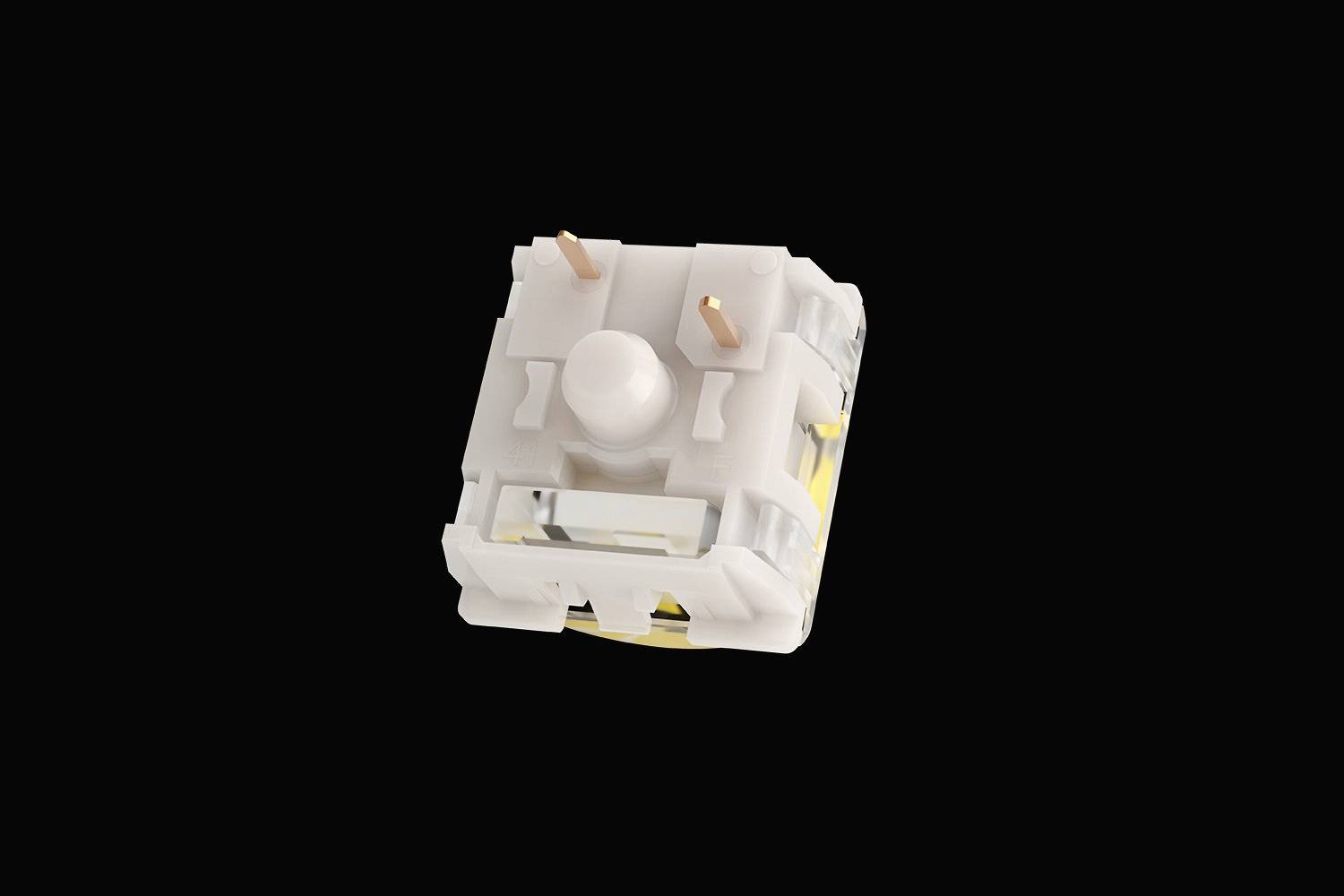 Mechanischer Tastaturschalter auf schwarzem Hintergrund, im Detail von oben dargestellt.