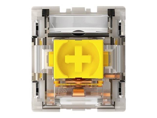 Ein mechanischer Schalter mit gelbem Kreuz im Inneren, umgeben von transparentem Gehäuse. Dient zur Tasteneingabe in Keyboards.
