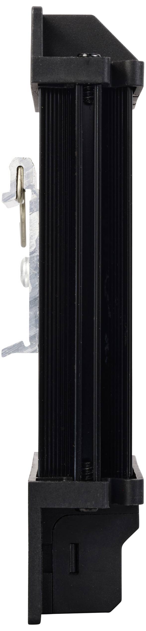 Schwarzes, vertikales elektronisches Bauteil mit seitlich angebrachter Metallhalterung.
