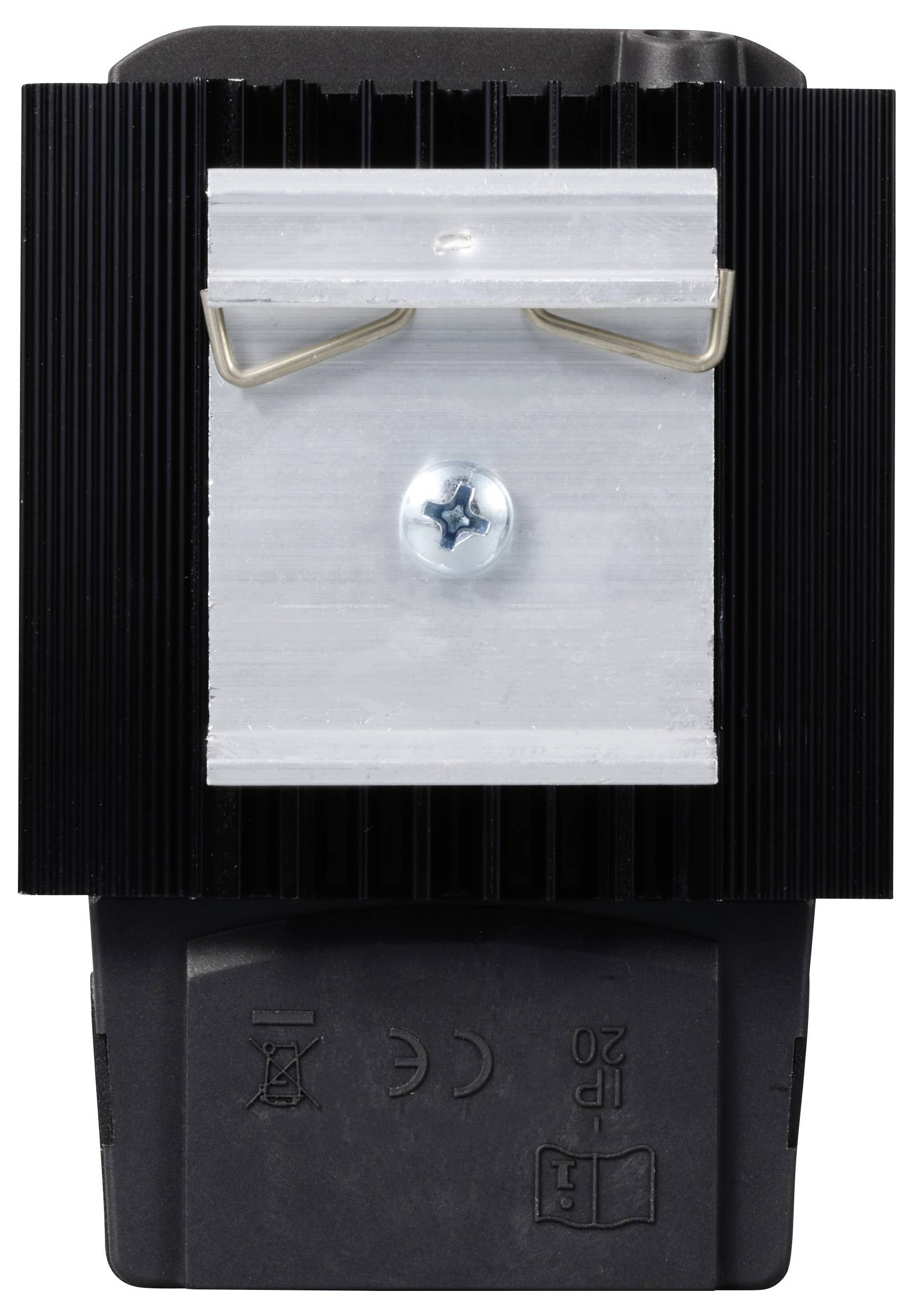 Ein schwarzes elektrisches Gerät mit silbernem Metalleinsatz und blauen Schrauben. Oben zwei gebogene Drahtbügel.
