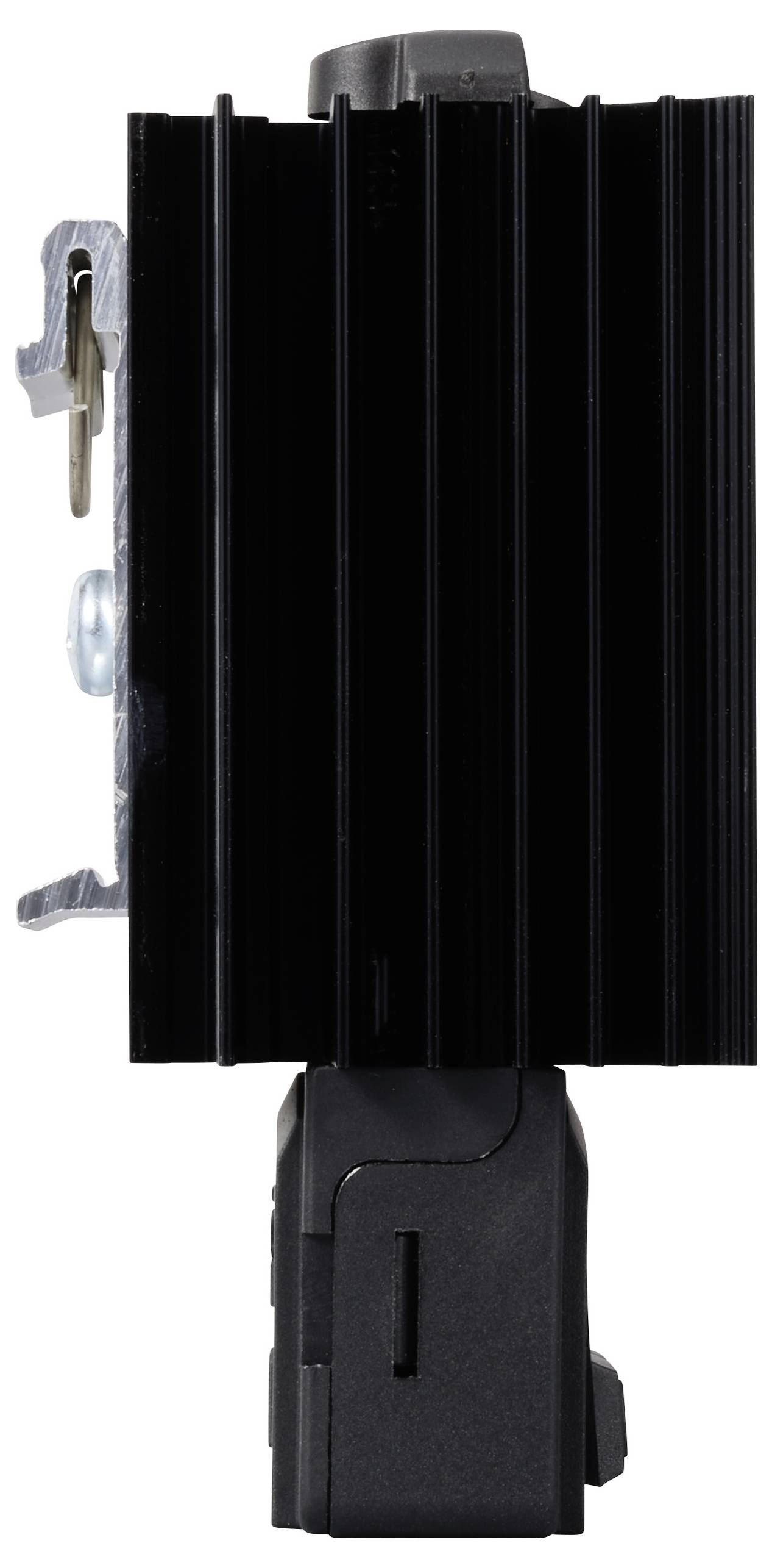 Ein schwarzer elektronischer Lichtdimmer mit seitlichem Metallbügel, seitlich aufgenommen. Geeignet für Standard-Elektroinstallationen.