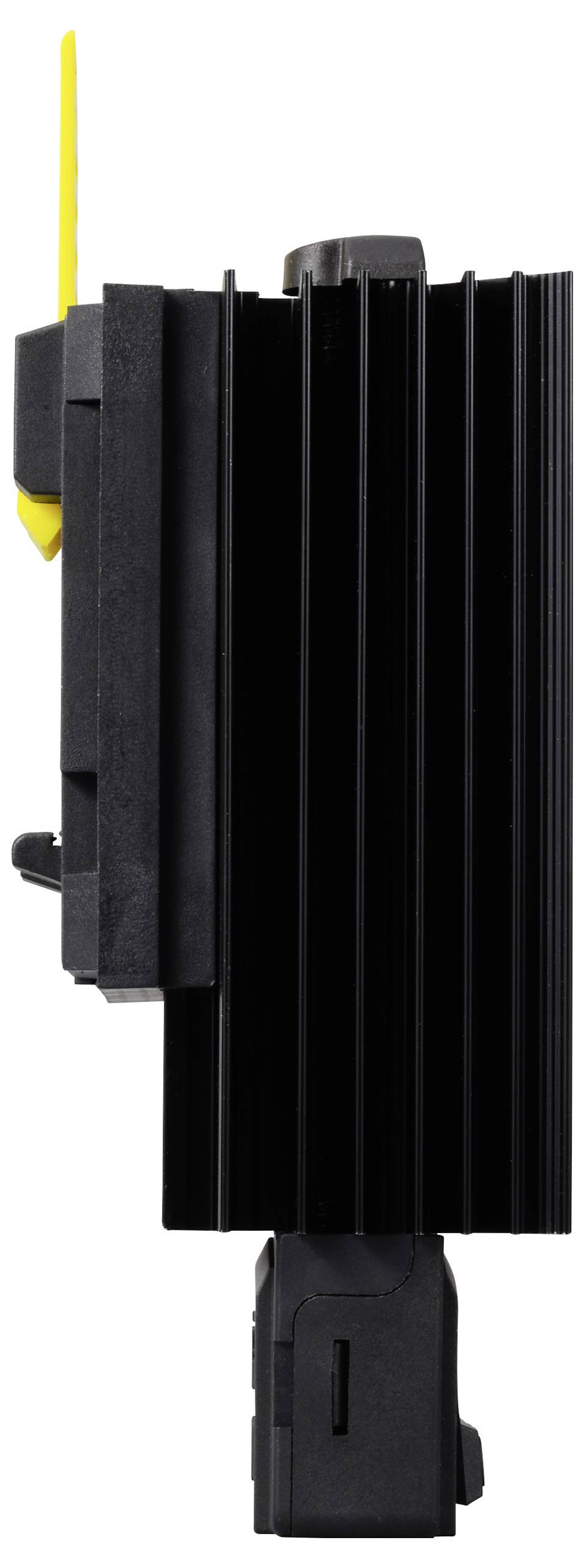 Ein schwarzes, rechteckiges Elektronikgerät mit Kühlrippen und gelbem Hebel an der Seite, vertikal ausgerichtet.