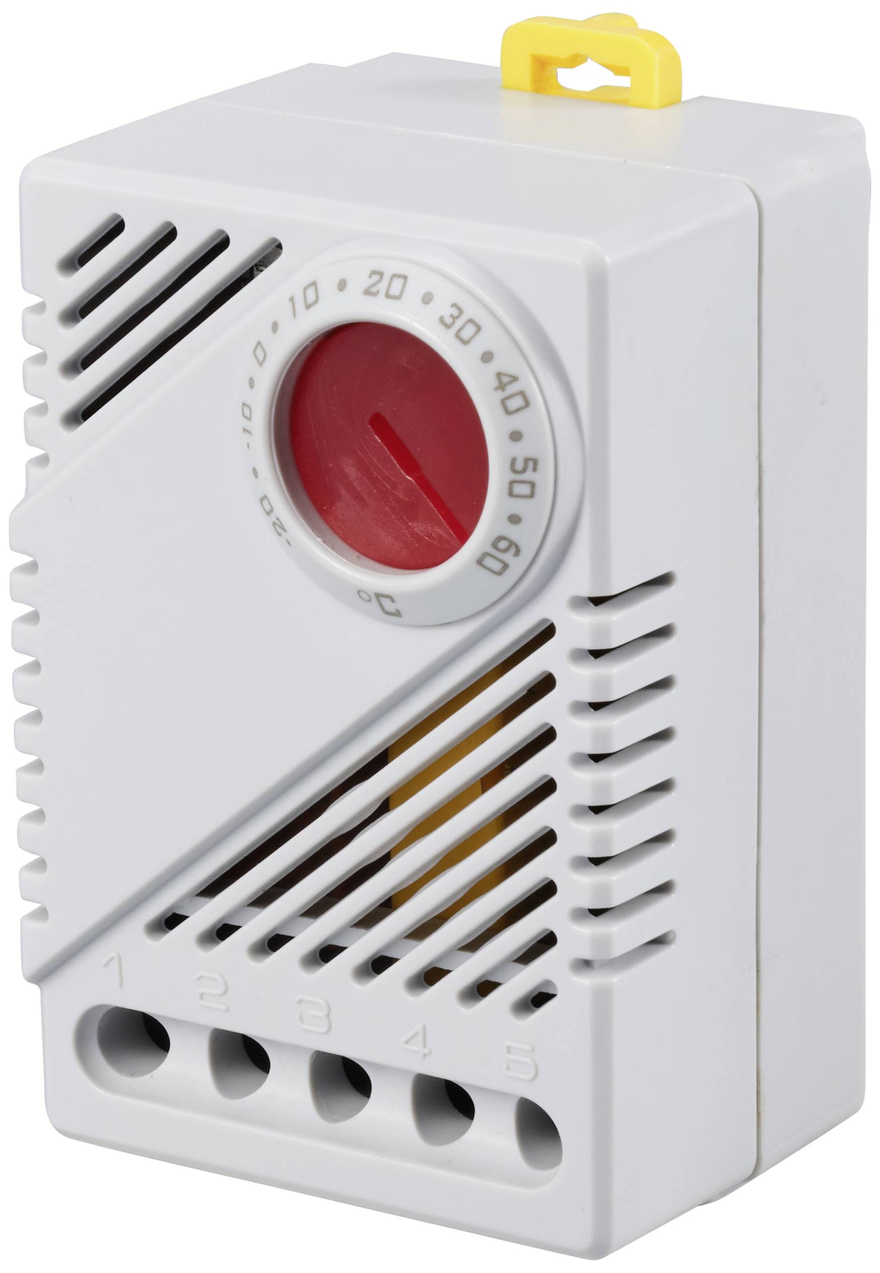 Ein weißes Thermostatgehäuse mit Drehregler und Lüftungsschlitzen. Der Drehregler zeigt Temperaturen von 0 bis 60°C an.