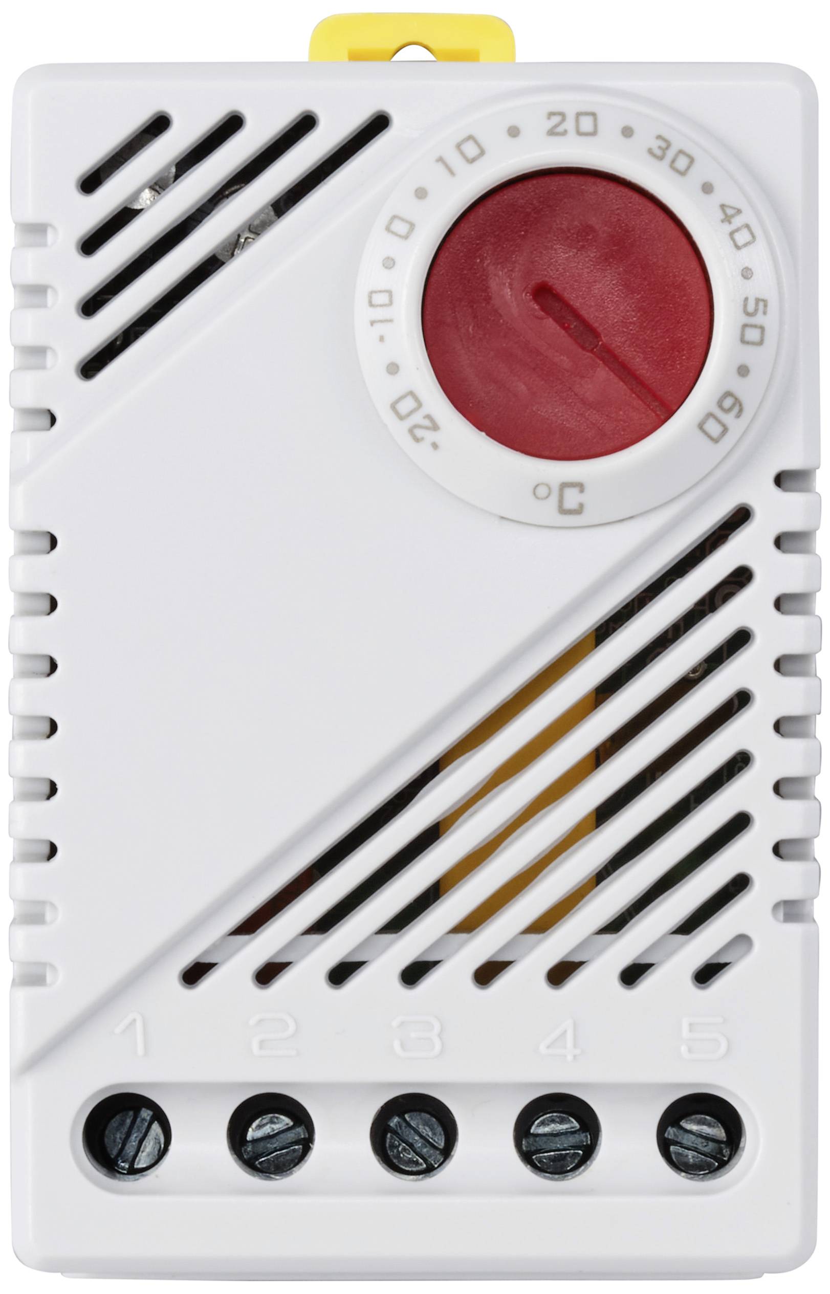 Ein weißes Thermostatgehäuse mit rotem Temperaturregler und fünf Schraubanschlüssen darunter. Temperaturbereich: 0 bis 60 Grad Celsius.