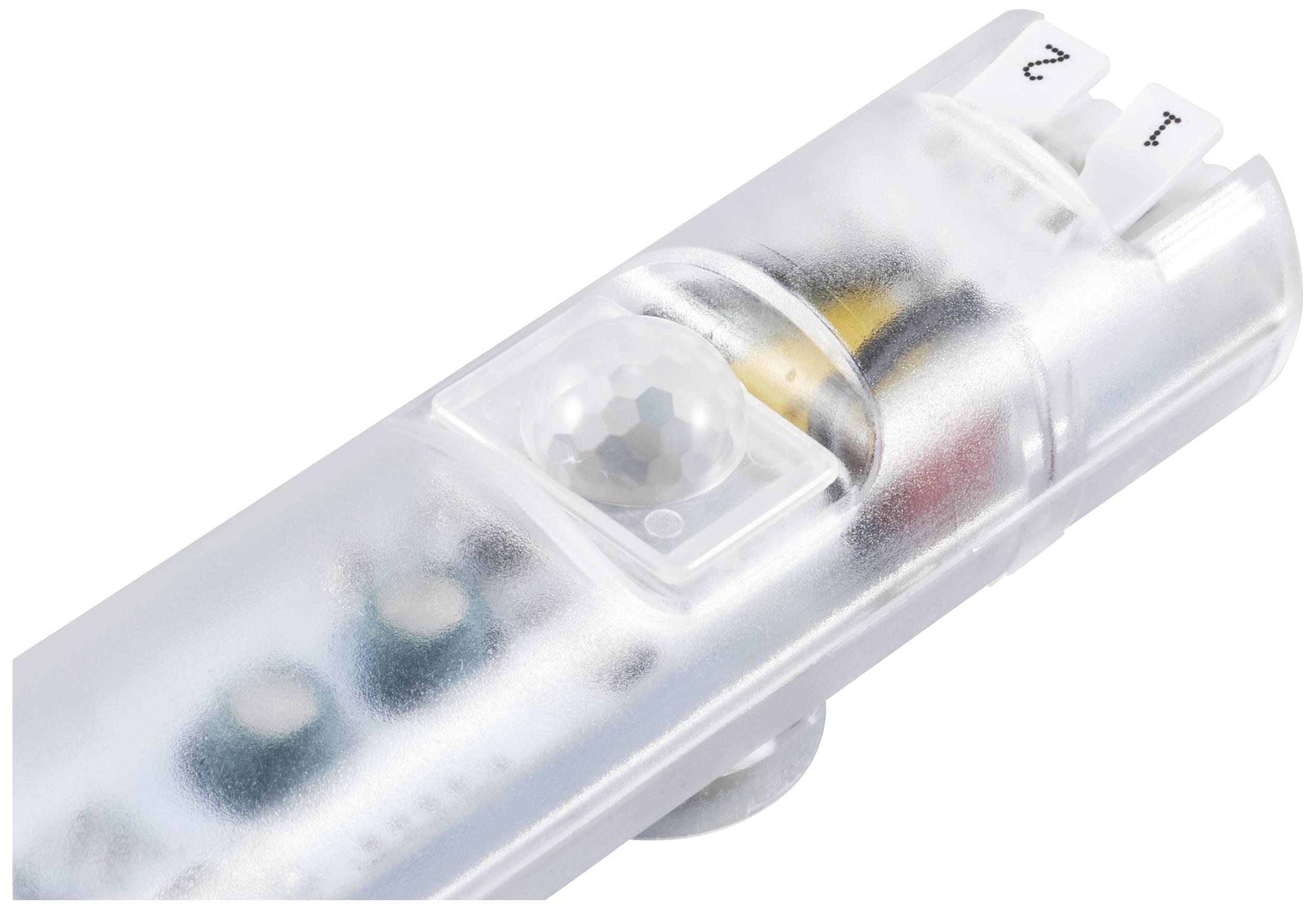 Ein elektronisches Gerät mit optischem Sensor und Schalter, transparentes Gehäuse zeigt interne Komponenten.