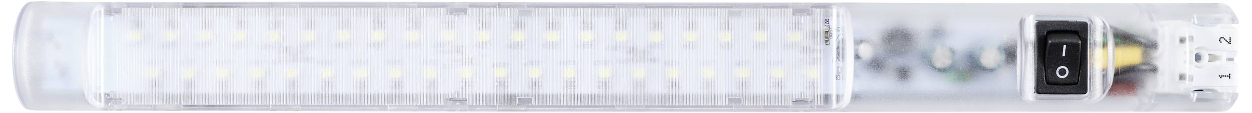 Ein schmaler, länglicher LED-Streifen mit einem Schalter an der Seite. Geeignet für Beleuchtungszwecke in engen Räumen.