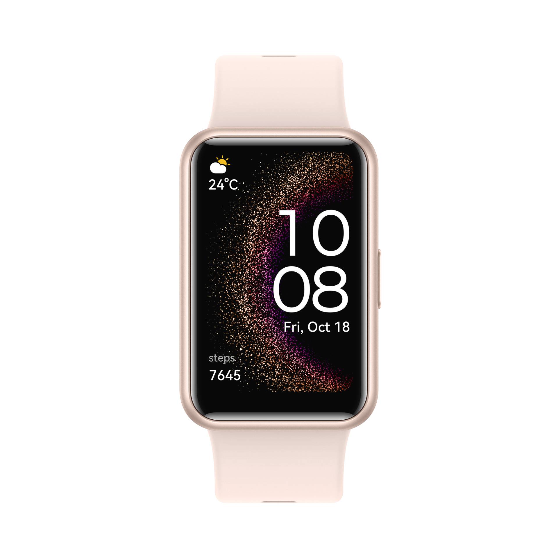 Smartwatch mit rosa Armband zeigt Zeit und Datum '10:08, Fr, 18 Okt' an. Oben links Wetteranzeige: 24°C sonnig. Schritte: 7645.