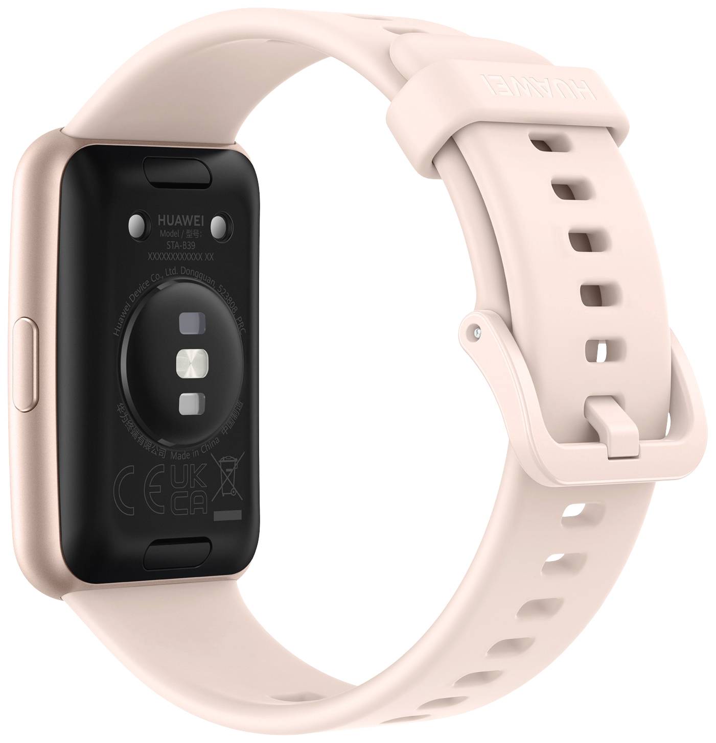 Armbanduhr mit rosafarbenem Silikonarmband, zeigt Sensoren und Markenlogo auf der Rückseite.