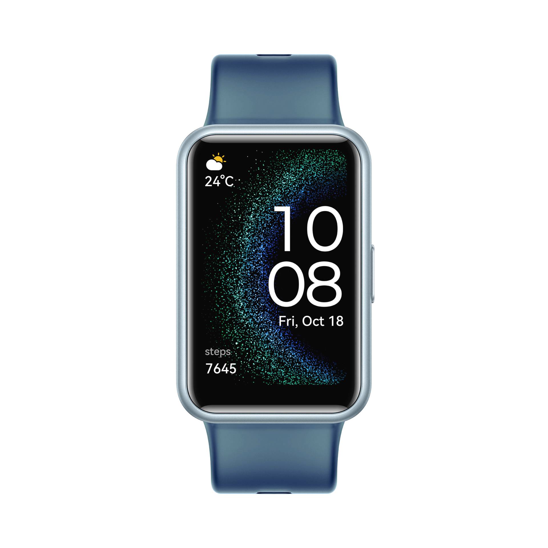 Smartwatch mit blauen Armband zeigt Wetter (24°C), Uhrzeit (10:08) und Datum (Fr, 18. Okt) sowie Schritte (7645) auf dem Display.