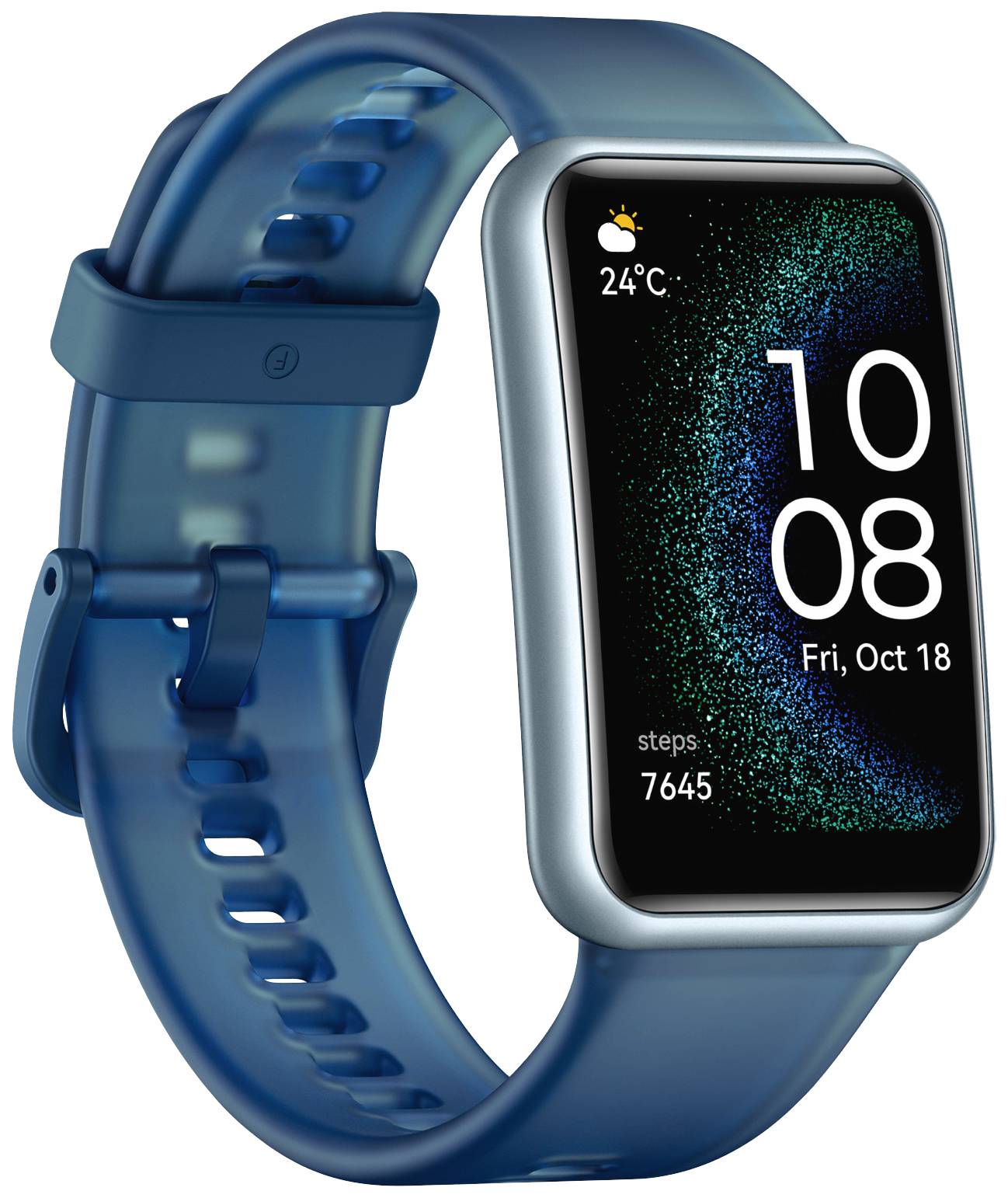 Eine digitale Smartwatch mit blauen Armband zeigt eine Temperatur von 24°C, Datum 'Fr, 18. Okt' und Schritte '7645'.
