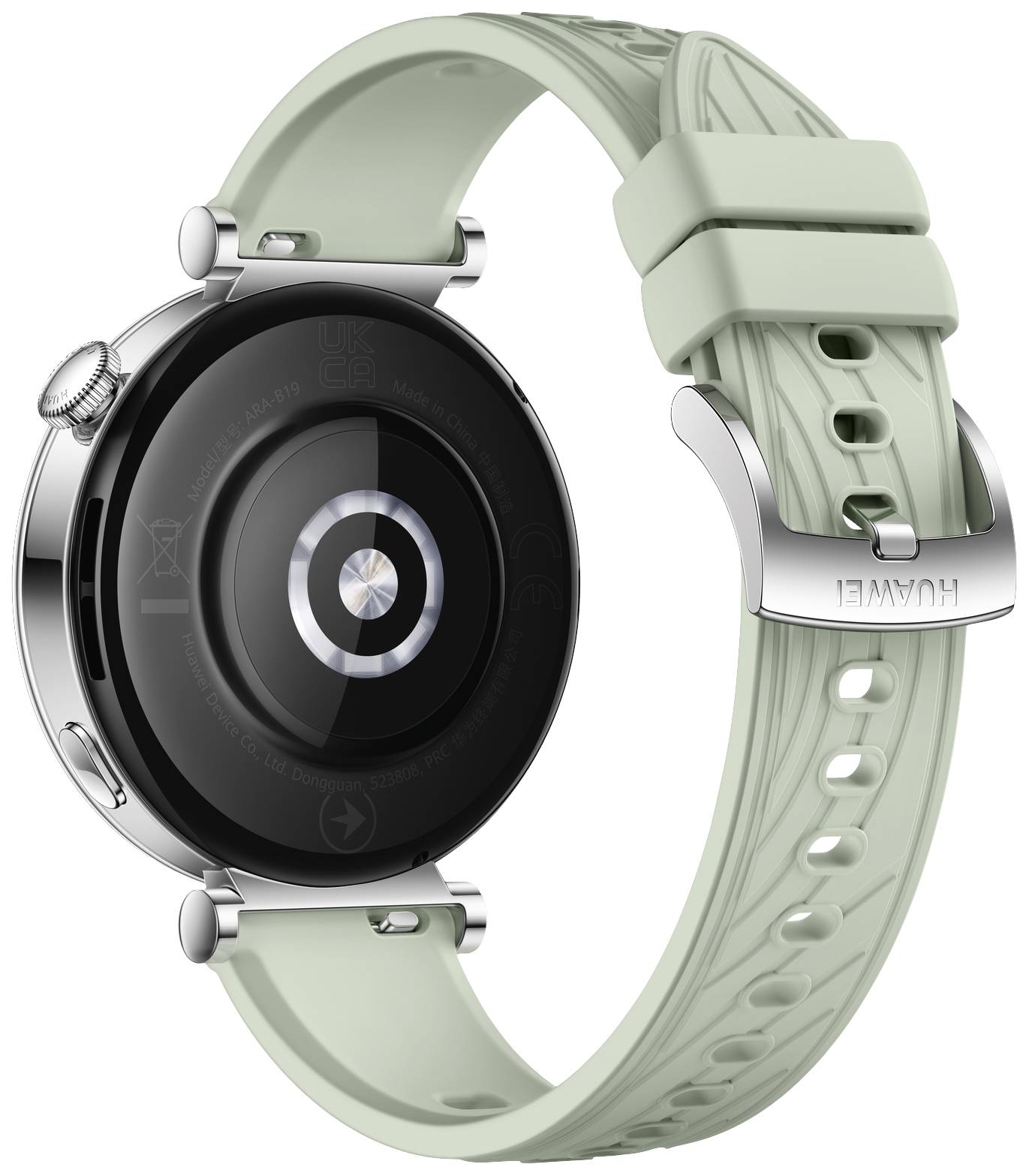 Eine Smartwatch mit rundem Zifferblatt und hellgrünem Armband, das mit einem feinen Muster verziert ist. Die Rückseite zeigt Sensoren.