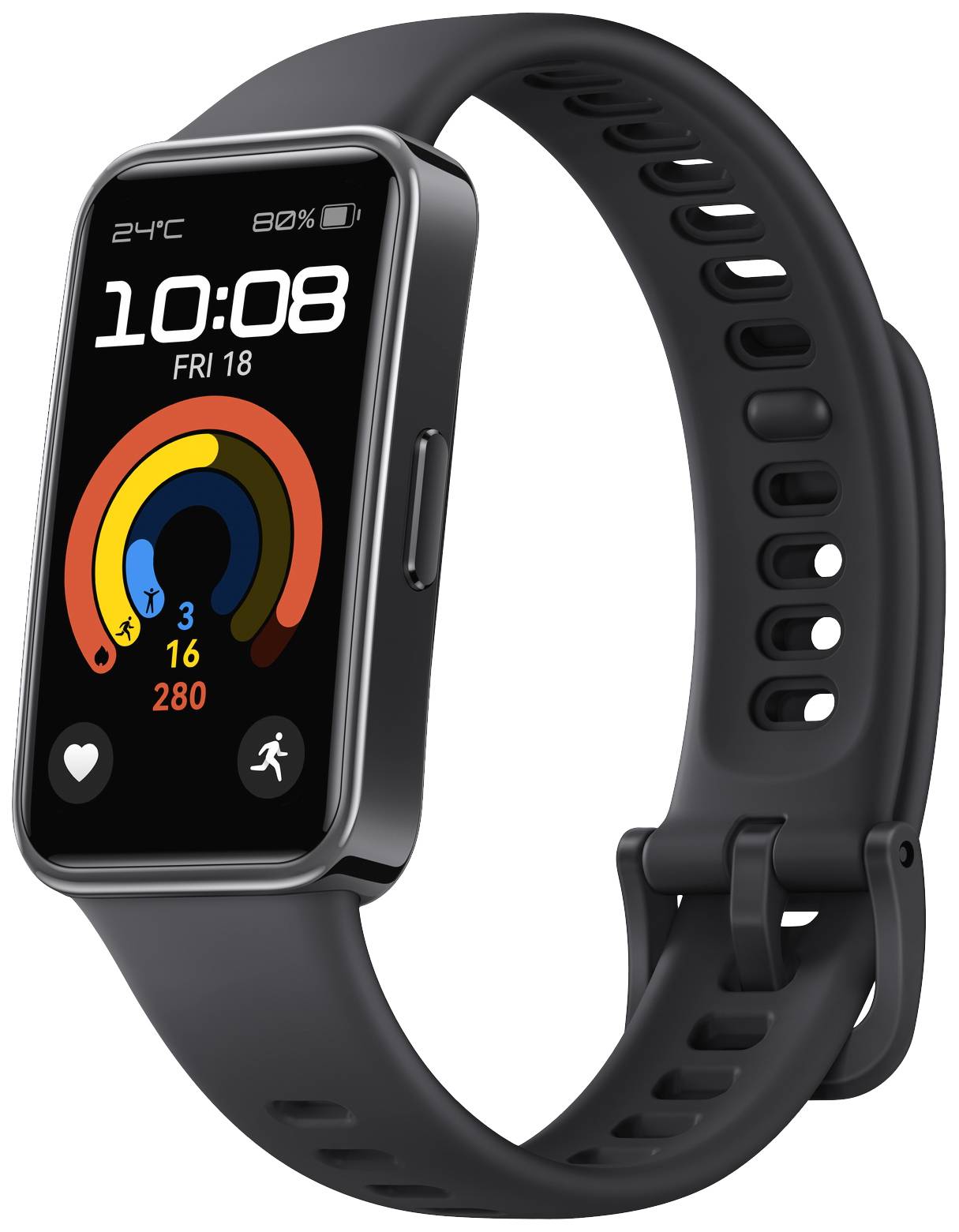 Schwarze Smartwatch mit Schrittzähleranzeige und Wetterwidget auf dem Bildschirm. Zeigt Datum, Uhrzeit und Fitness-Tracking-Informationen.