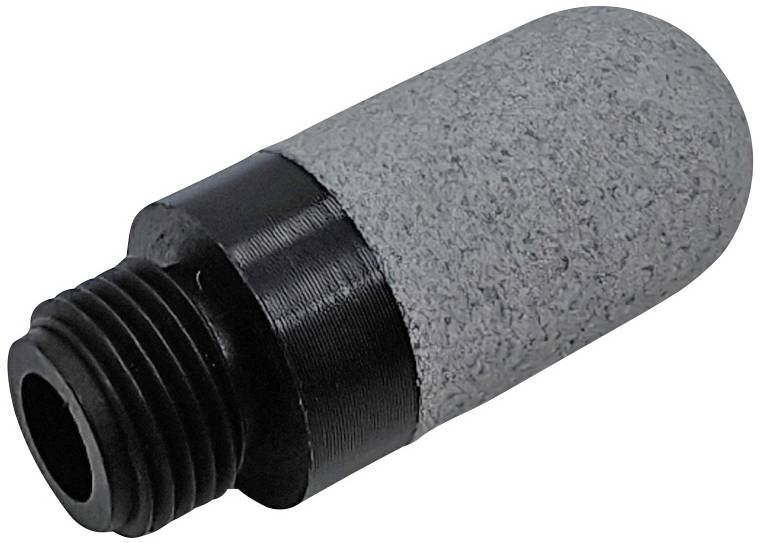 Schraubbarer Luftsprudler mit grauem, zylindrischem Stein und schwarzem Gewinde zur Belüftung von Wasser.