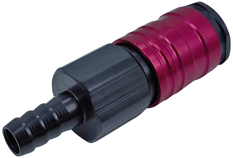 Ein schwarzer und roter Adapter mit geripptem Griff und Schlauchanschluss, wird in hydraulischen Systemen verwendet.