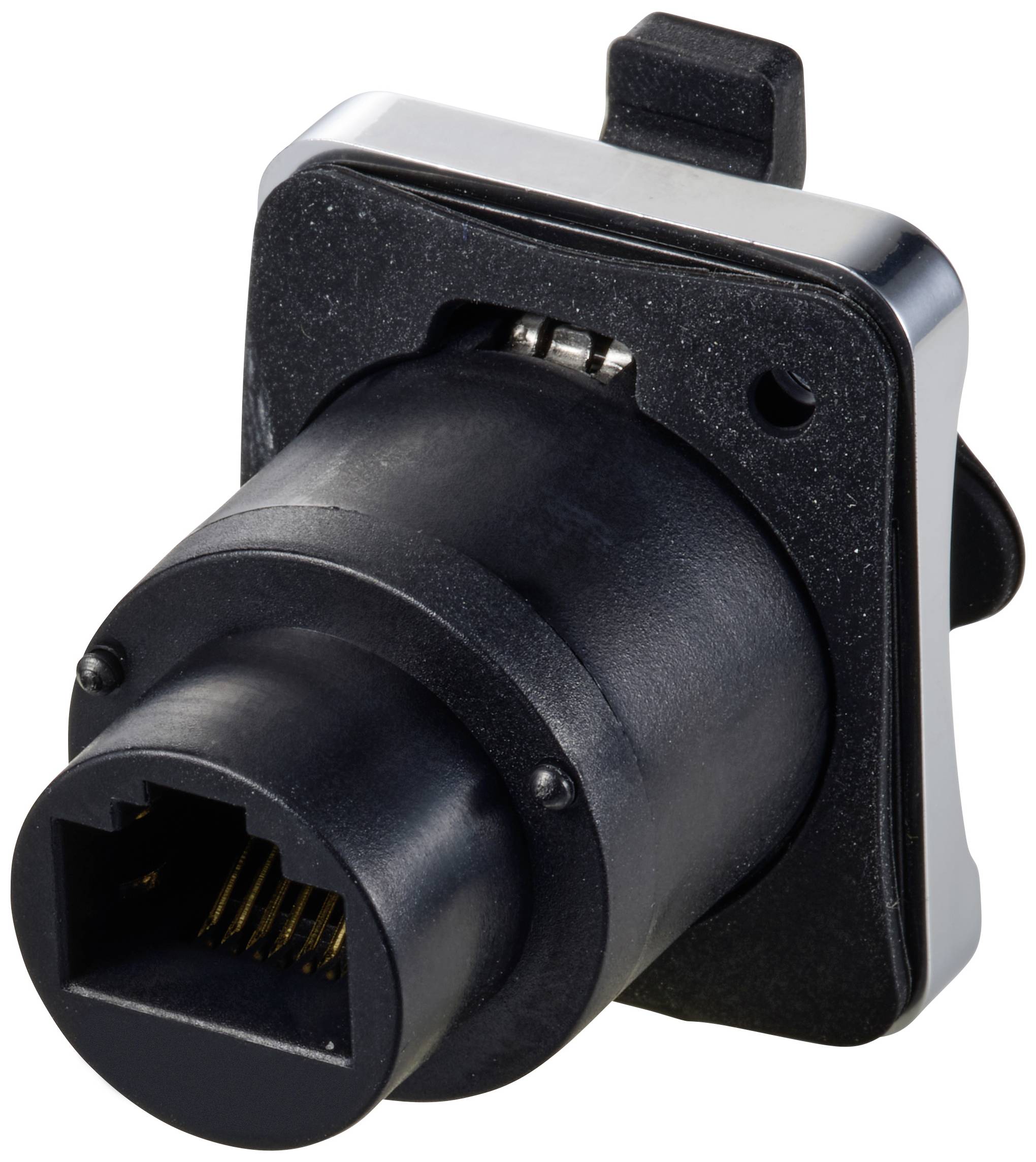 Ein schwarzer und silberner RJ45-Buchsenadapter für Netzwerkkabelmontage, mit metallischem Gehäuse und Kunststoffanschluss.