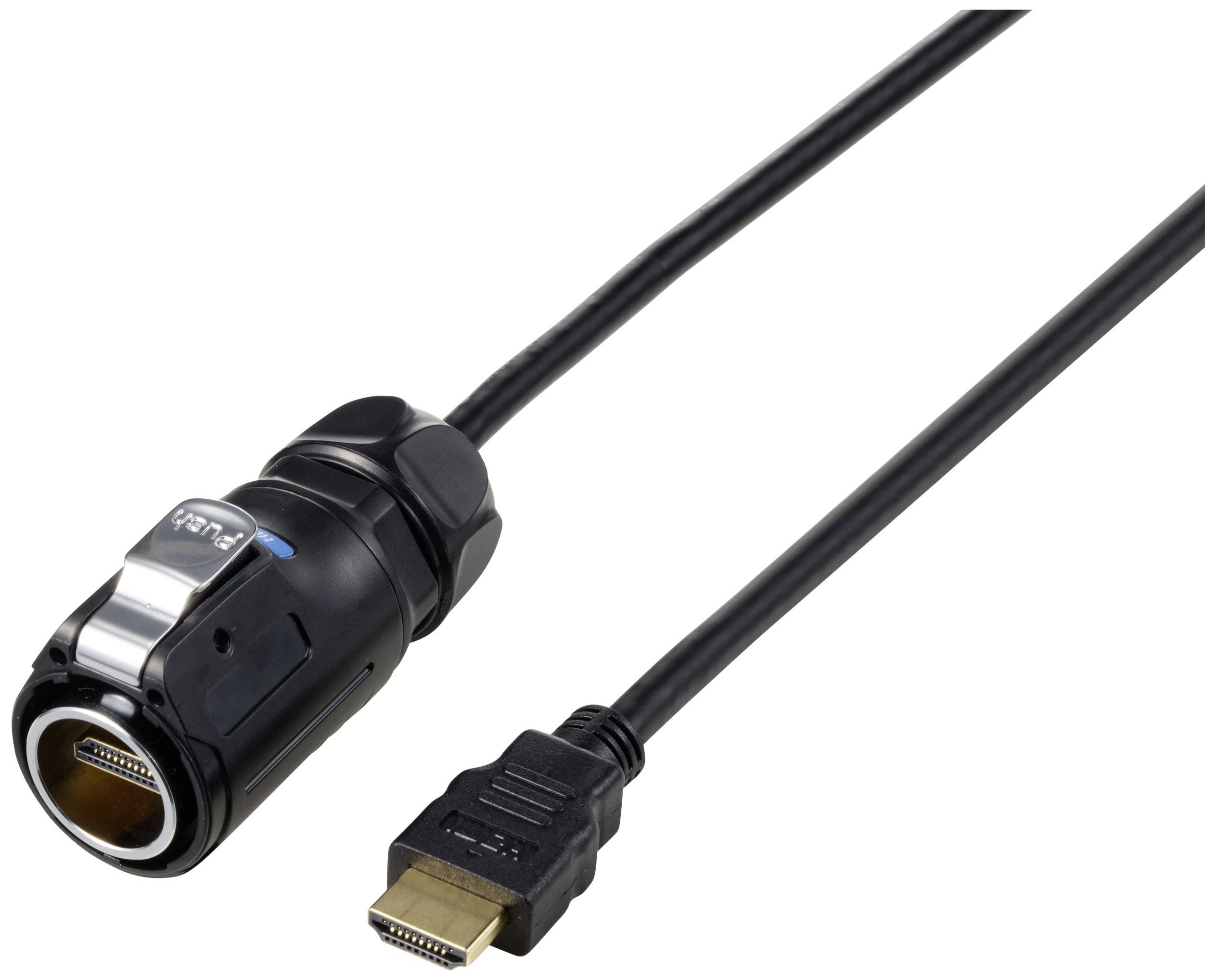 Schwarzes HDMI-Kabel mit Kunststoffgehäuse und silbernem Verschluss am Anschlussende, geeignet für digitale Audio- und Videoübertragung.